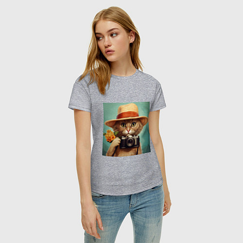 Женская футболка Кот в соломенной шляпе с фотоаппаратом / Меланж – фото 3