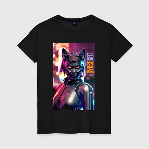 Женская футболка Взгляд чёрной кошки - киберпанк - нейросеть / Черный – фото 1