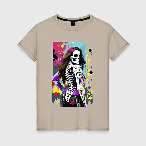 Женская футболка Кибер скелет девушки - нейросеть / Миндальный – фото 1