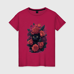 Футболка хлопковая женская Черный кот в цветах, цвет: маджента