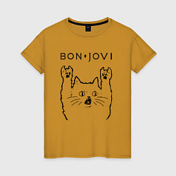 Футболка хлопковая женская Bon Jovi - rock cat, цвет: горчичный