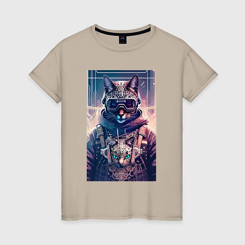 Женская футболка Кот с котёнком - киберпанк - нейросеть / Миндальный – фото 1