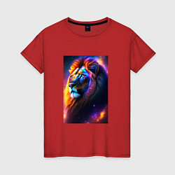 Футболка хлопковая женская Лев с радужной гривой и голубыми глазами, цвет: красный