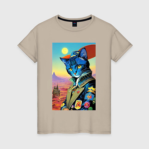 Женская футболка Модный кот - ретро - нейросеть / Миндальный – фото 1