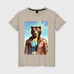 Футболка хлопковая женская Cool bear in a leather jacket - neural network, цвет: миндальный