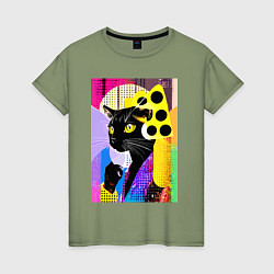 Футболка хлопковая женская Black cat cheese - pop art - poster, цвет: авокадо