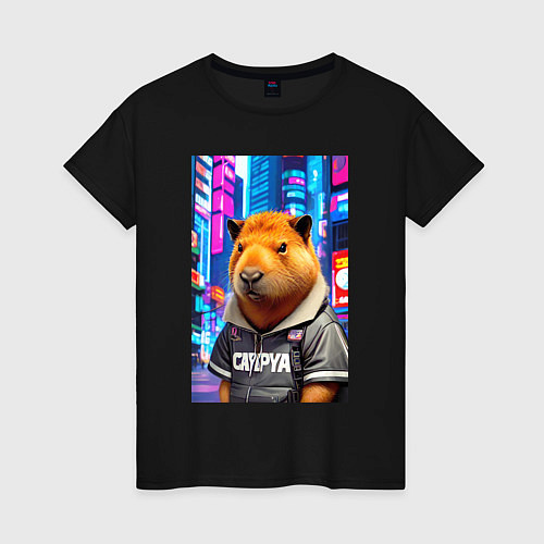 Женская футболка Cool capybara - urban style - neural network / Черный – фото 1