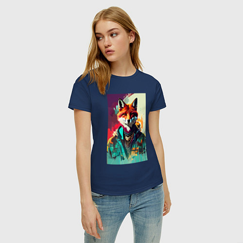 Женская футболка Крутая модная лисичка - нейросеть / Тёмно-синий – фото 3