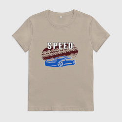 Футболка хлопковая женская Машина с надписью Скорость, цвет: миндальный