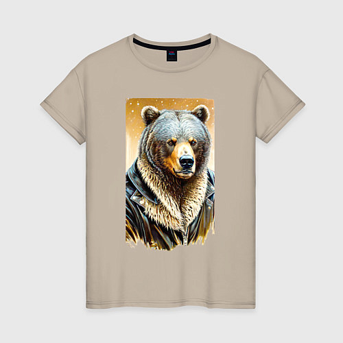 Женская футболка Могучий медведь в кожаной куртке / Миндальный – фото 1