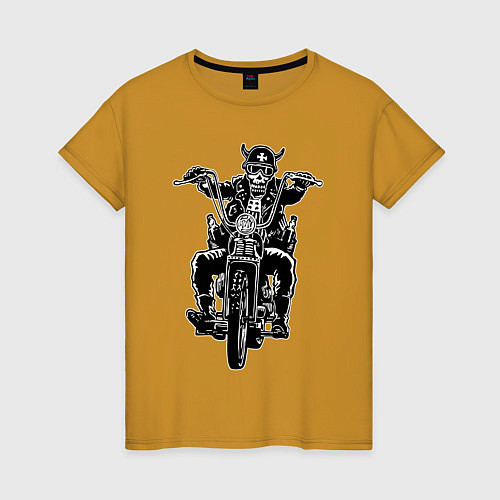 Женская футболка Skull biker with beer / Горчичный – фото 1