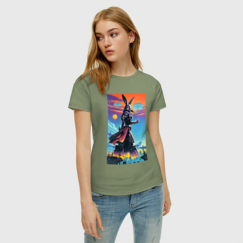 Женская футболка Зайчиха титан - киберпанк - нейросеть / Авокадо – фото 3