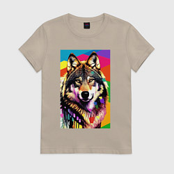 Футболка хлопковая женская Красочный волк - поп-арт - нейросеть, цвет: миндальный