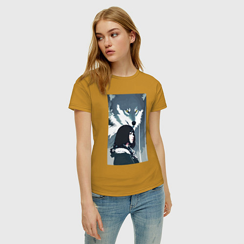 Женская футболка Девушка под защитой волка - нейросеть - аниме / Горчичный – фото 3