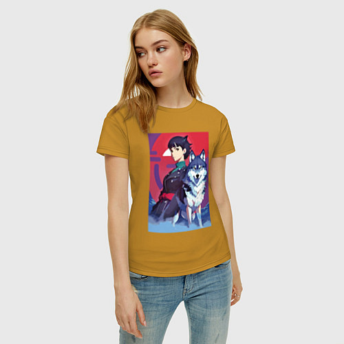 Женская футболка Девочка со своим другом волком - аниме / Горчичный – фото 3