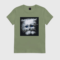 Футболка хлопковая женская Милый серый пиксельный котик с голубыми глазами, цвет: авокадо