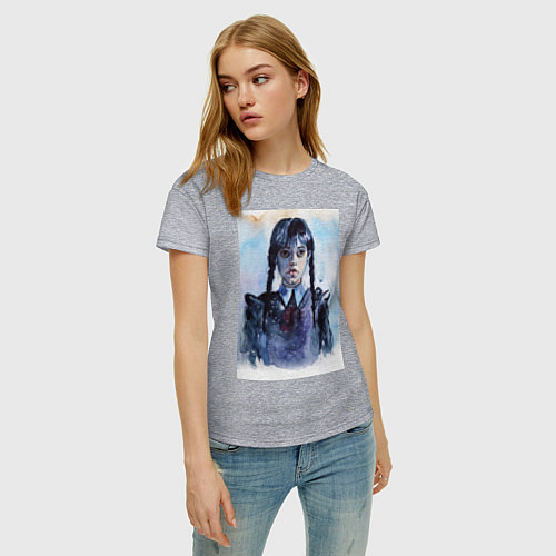 Женская футболка Акварельный портрет Уэнсдей / Меланж – фото 3