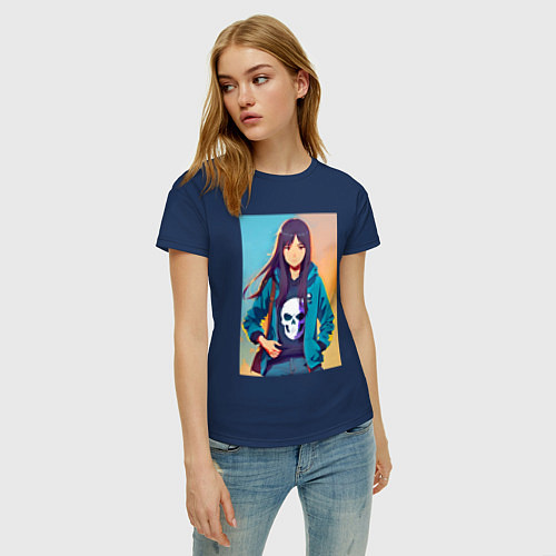 Женская футболка Девчонка с черепом на одежде - аниме / Тёмно-синий – фото 3