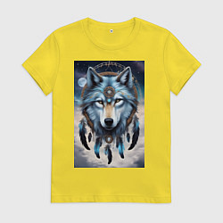 Футболка хлопковая женская Шаман волк, цвет: желтый