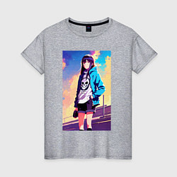 Футболка хлопковая женская Прикольная девчонка с черепом на футболке - аниме, цвет: меланж