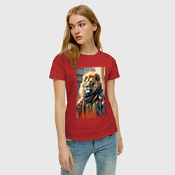 Футболка хлопковая женская Лев в драной куртке - хиппи, цвет: красный — фото 2