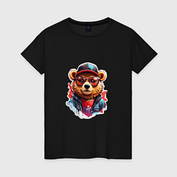 Футболка хлопковая женская Модный медведь в кепке и в очках, цвет: черный