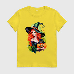 Футболка хлопковая женская Рыжая ведьма с тыквой и черным котом, цвет: желтый