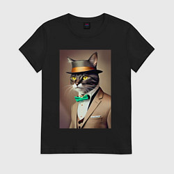 Футболка хлопковая женская Портрет кота джентльмена в шляпе, цвет: черный