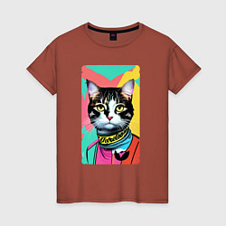 Футболка хлопковая женская Pop art cat - neural network, цвет: кирпичный