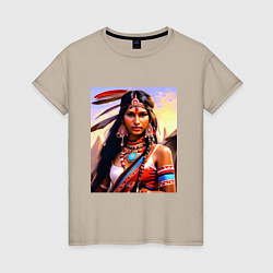 Футболка хлопковая женская Индейская девушка с племени, цвет: миндальный