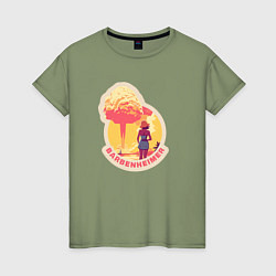 Футболка хлопковая женская Барби смотрит на гриб - Барбигеймер, цвет: авокадо