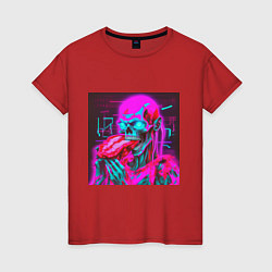 Футболка хлопковая женская Неоновый скелет зомби, цвет: красный