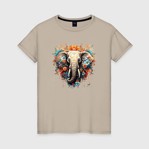 Женская футболка Слон в цветах - хиппи арт принт / Миндальный – фото 1
