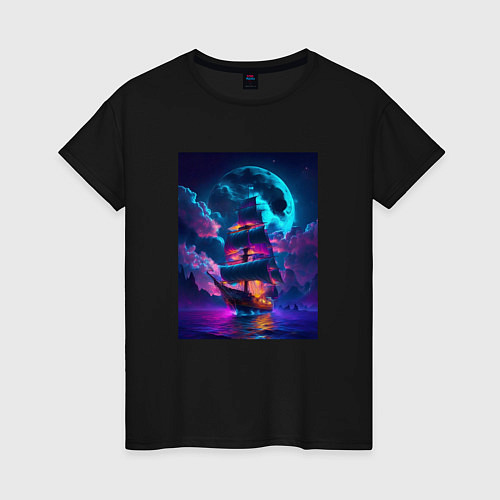 Женская футболка Корабль в неоновом море / Черный – фото 1