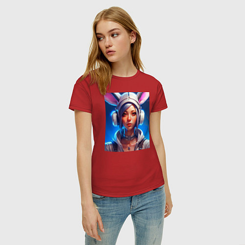 Женская футболка Девушка в наушниках и наряде с кроличьими ушками / Красный – фото 3