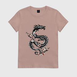 Футболка хлопковая женская Дракон с цветущей сакурой, цвет: пыльно-розовый
