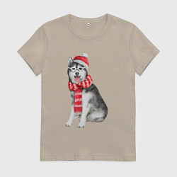 Футболка хлопковая женская Новогодний хаски, цвет: миндальный