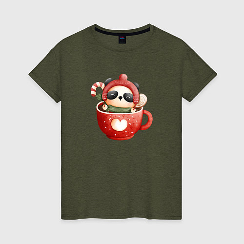 Женская футболка Панда в чашке кофе / Меланж-хаки – фото 1