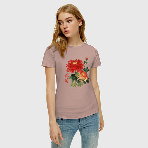 Женская футболка Красные хризантемы / Пыльно-розовый – фото 3