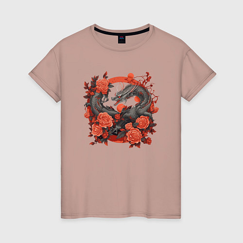 Женская футболка Дракон в розах / Пыльно-розовый – фото 1
