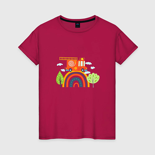 Женская футболка Пожарная машина едет по радуге / Маджента – фото 1
