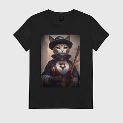 Футболка хлопковая женская Элегантная кошка самурай, цвет: черный