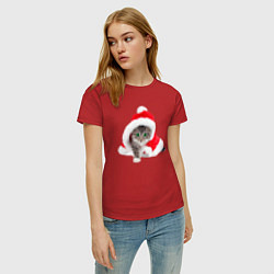 Футболка хлопковая женская Котик Санта в новогоднем колпаке, цвет: красный — фото 2