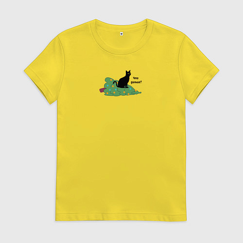 Женская футболка Черный котик свалил елку и думает что дальше / Желтый – фото 1