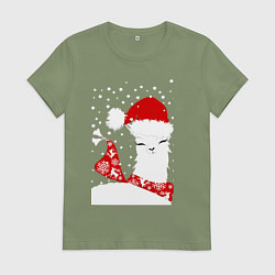 Футболка хлопковая женская Лама в шапочке и шарфе, цвет: авокадо