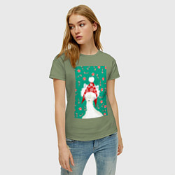 Футболка хлопковая женская Лама - альпака в ушанке, цвет: авокадо — фото 2