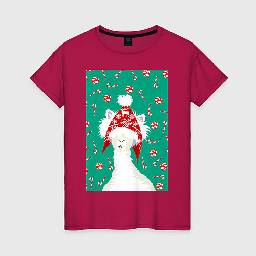 Женская футболка Лама - альпака в ушанке / Маджента – фото 1