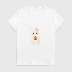 Футболка хлопковая женская Привидение-девочка с тыквой, цвет: белый