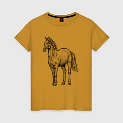 Футболка хлопковая женская Лошадь стоит, цвет: горчичный