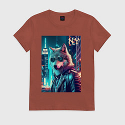 Футболка хлопковая женская Крутой волчара в ночном Нью-Йорке, цвет: кирпичный